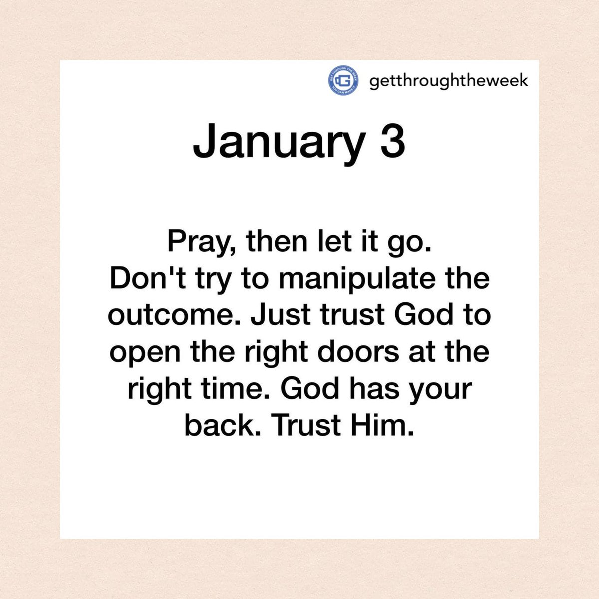jessesplaceorg's tweet photo. And just like that the work week has begun. 

On that note:
Today, Pray, then let it go.

Don't try to manipulate the outcome. 

Just trust God to open the right doors at the right time. 

God has your back. 

Trust Him. 💎

#PrayerMinistry #JessesPlaceOrg #GetThroughTheWeek https://t.co/75UBi6bLZc