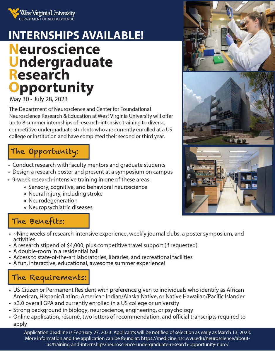 We are back for our second year of NURO! Come do #SummerResearch with us at #WVU!
#UndergraduateResearch #neuroscience #internships #BlackInScience #LatinxInScience #WomenInScience #STEM