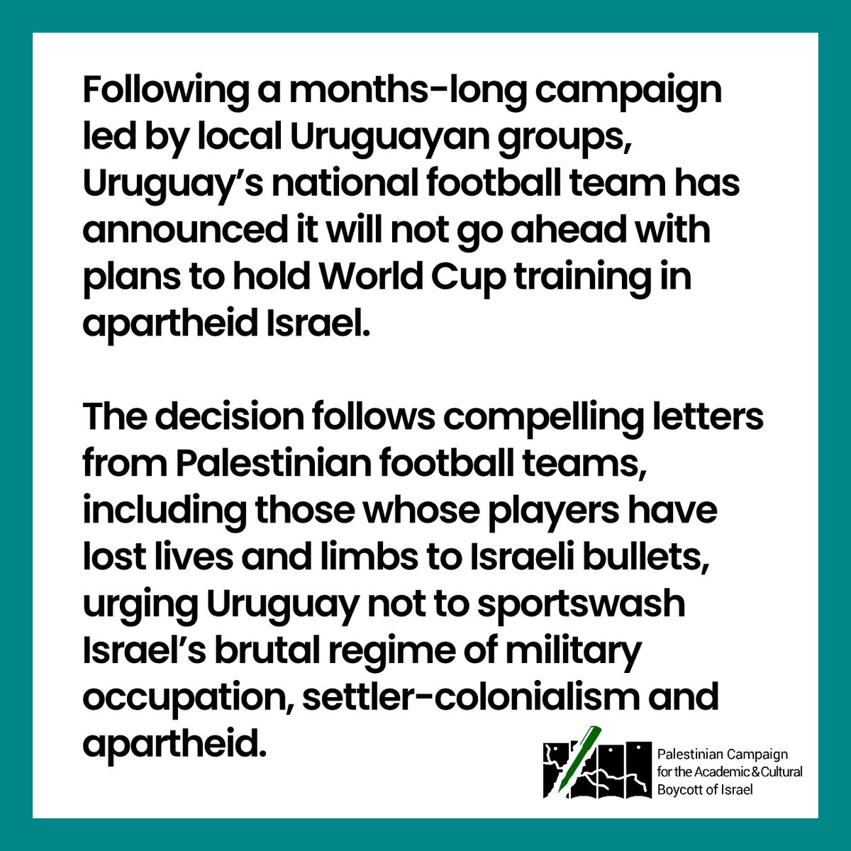 RichardHardigan's tweet photo. RT @PACBI "#PACBIYearInReview: Following a campaign led by Uruguayan groups, Uruguay’s national football team announces it won't hold #WorldCup training in apartheid Israel.
Decision follows letters from Palestinian football teams whose players have… https://t.co/Kv8tBUMd6Q"
