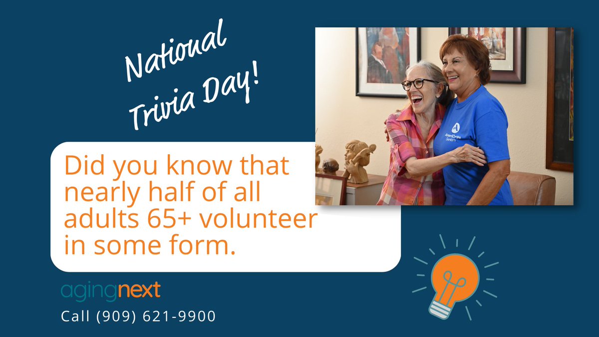 AgingNext's tweet photo. It’s #NationalTriviaDay! Did you know that nearly half of all adults 65+ #volunteer in some form. Be part of this #funfact and call Stacy, #AgingNext Volunteer Director, at (909) 621-9900 to see how you can get involved and give back.
#livewell #agewell #agelessliving https://t.co/cho51TC3fr