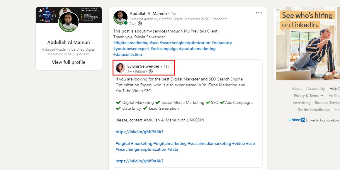 almamunsirajii's tweet photo. Hurrah! It is really awesome. This is My previous Client's Review and recommendation of my service.
If you want to get this service
Hire me: https://t.co/0BPEeOyLer
#Review #client #usaclient https://t.co/smhLubPsxH