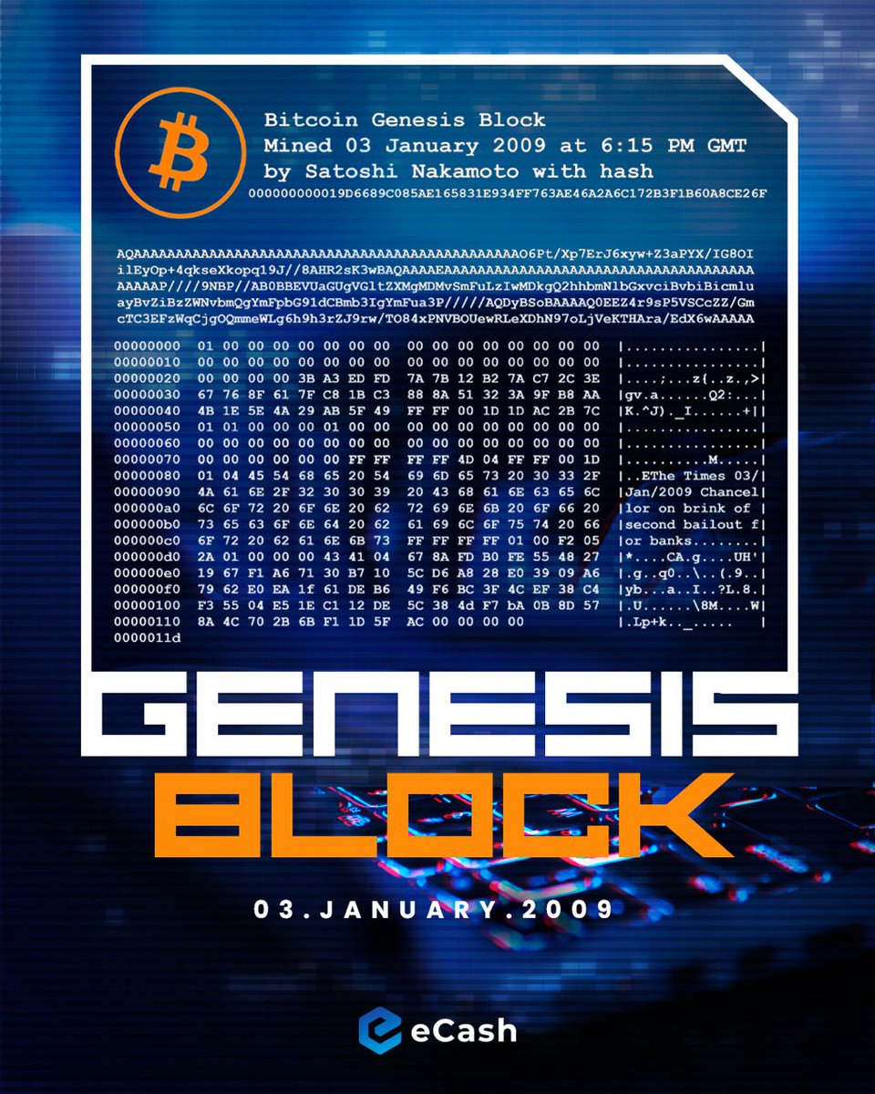 eCash's tweet photo. 🌟 Fourteen years ago today, the Bitcoin Genesis block was mined with a message of hope and freedom.

🎯 The #eCash mission is to make that once-distant dream a practical reality, where electronic cash can finally free people from banks &amp; reliance on intermediaries.

#XEC $XEC https://t.co/0uMg515mz8