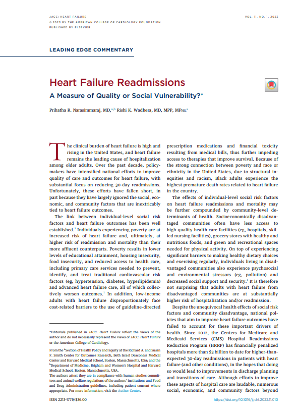 Heart Failure Readmissions: A Measure of Quality or Social Vulnerability?

Read a new commentary piece from <a href="/prihatha/">Prihatha Narasimmaraj, MD</a> &amp; <a href="/rkwadhera/">Rishi Wadhera, MD MPP</a> 

jacc.org/doi/10.1016/j.…