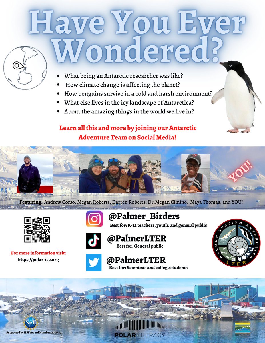 Have You Ever Wondered about the icy land of Antarctica? What kind of research is happening? How climate change is affecting Antarctica & our planet? To answer these questions & more, follow our Antarctic Adventure team: @Palmer_Birders on IG @PalmerLTER on TikTok & Twitter