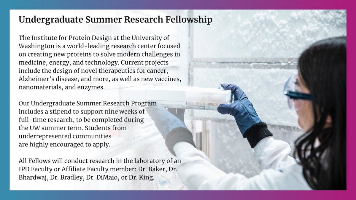Applications are open for our Undergraduate Summer Fellowship! Students in the US and abroad should apply by Jan 31.

From June–August, fellows will conduct research in Seattle with our scientists for 40 hours/week with a $3,000/month stipend.

Learn more: ipd.uw.edu/join-us/