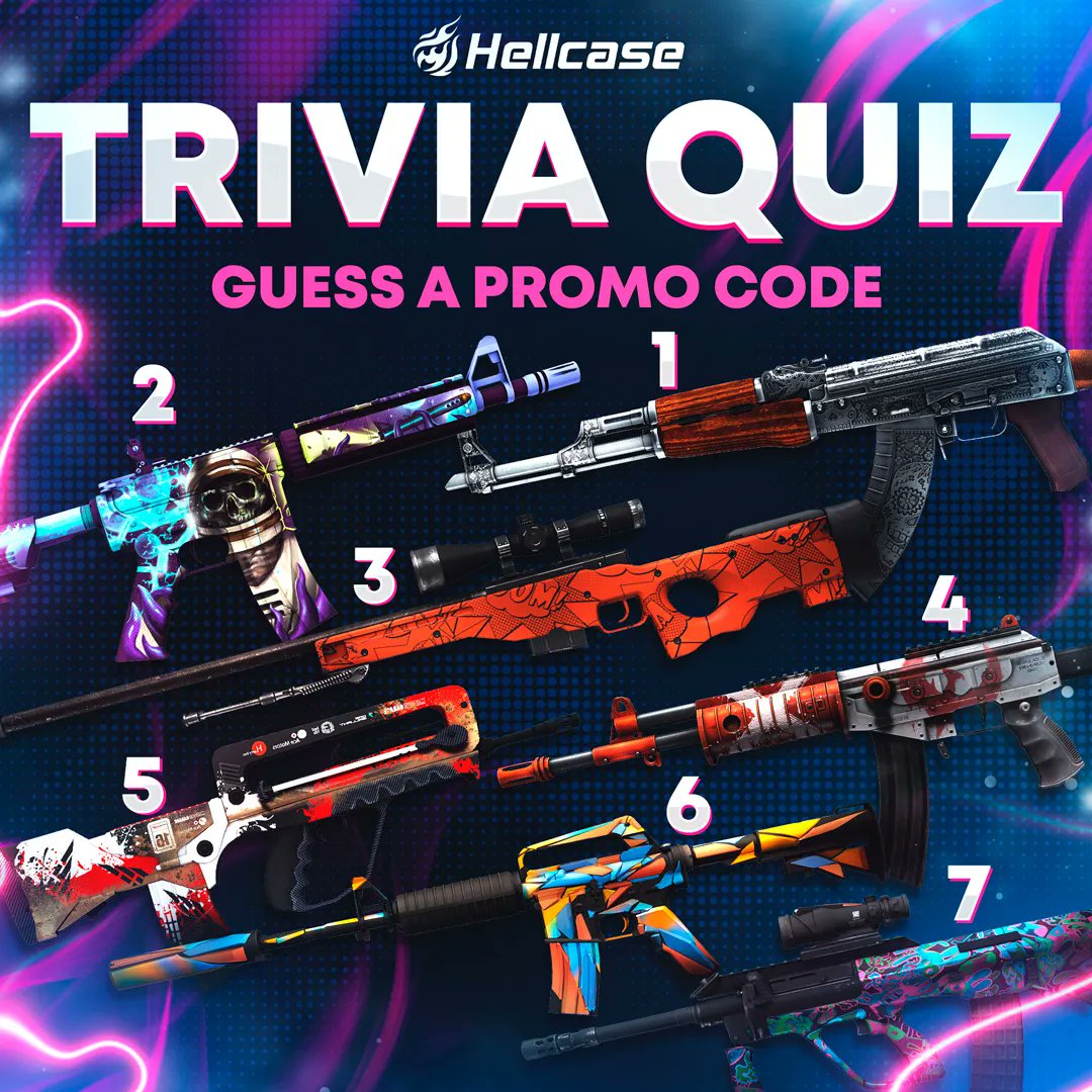 hellcase's tweet photo. We have encrypted a key-code for free balance in the image! Take the first letters of the rifle names and compose them into a code. For example, AK-47 | Redline - take the first letter of its name - R.

The number of codes is limited - https://t.co/YjNBYm2e77 https://t.co/gowNBghkf6
