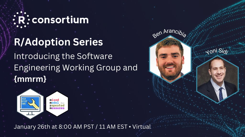 The R Adoption Series will introduce the Software Engineering Working Group and {MMRM}. Yoni Sidi will be giving a full demo on the {mmrm} package. #Rstats #Rprogramming | See you there! ➡️r-consortium.org/webinars