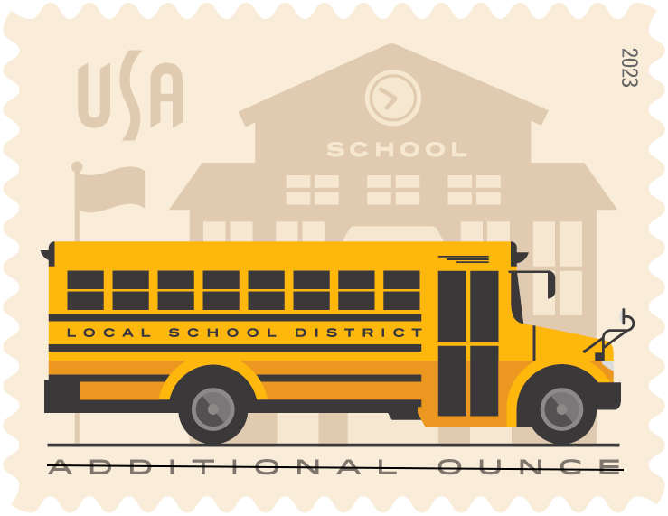 phftucson's tweet photo. Happy New year! The USPS is starting 2023 with these two stamps, issued Thursday the 5th. The fox is 40c and is used for bulk mailers, or for fun! The school bus is used when you need to pay for an additional ounce. We anticipate the kids will love these! #philately #phftucson https://t.co/MIvjrtTAEW