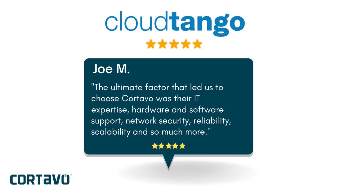 cortavo's tweet image. We are starting the new year with a raving review! We are always happy to hear that our clients are satisfied. Thank you for your kind words, Joe.
#testimonial #review #ITmsp #managedservices
