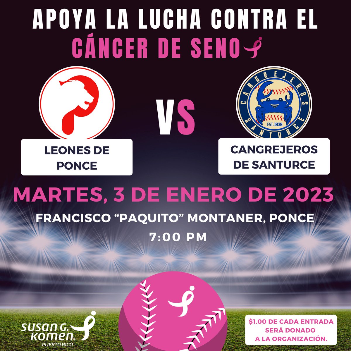 komenpr's tweet image. Los Leones de Ponce en apoyo a las pacientes y sobrevivientes de cáncer de seno, utilizarán un uniforme alterno color rosado. Adicional, estarán apoyando a Susan G. Komen Puerto Rico con la donación de $1.00 del costo de la entrada.

¡Apóyanos tú también! ⚾️⚾️⚾️