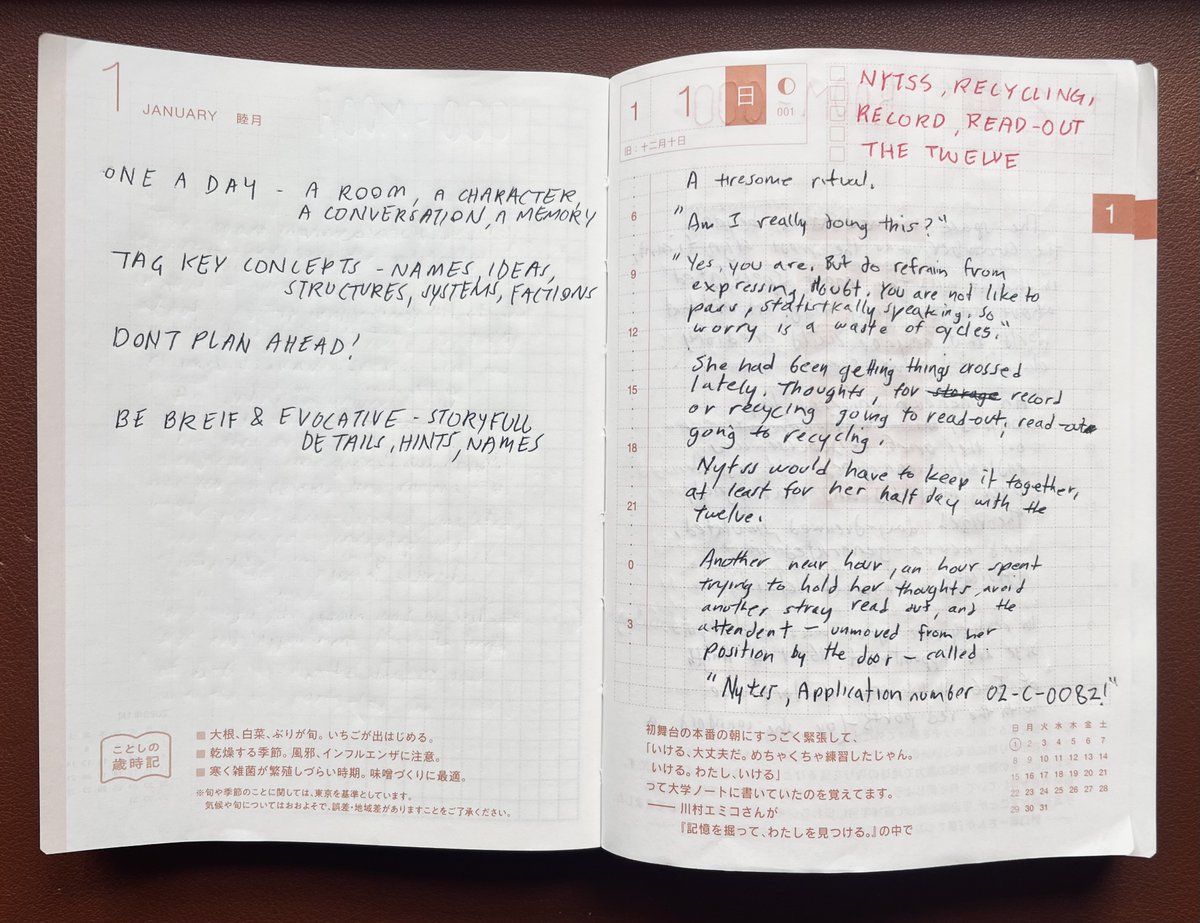 Started #Dungeon23. Here are my rules for a story-based approach:

📅 ONE A DAY - 
Character, conversation, spaces, memories

🔑 TAG KEY IDEAS - 
refer to later: proper nouns, ideas, structures, systems

🙈 DON'T PLAN AHEAD 

🔍 BRIEF &amp; EVOCATIVE
storyfull hints, details, names