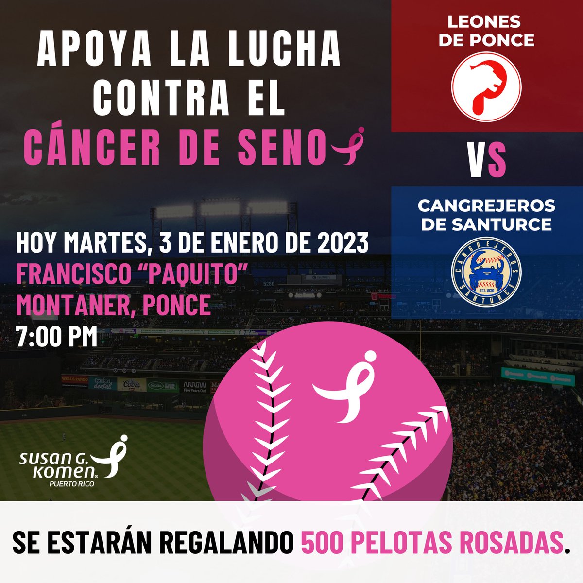 komenpr's tweet image. Todos listos para el juego de los Leones de Ponce LBPRC🦁 VS los Cangrejeros de Santurce🦀. 

Hoy los caminos conducen al Estadio Francisco Paquito Montaner en Ponce a las 7:00 p. m. Se estarán regalando 500 pelotas ⚾️ rosadas. 
No dejes de ir y seguir apoyando.