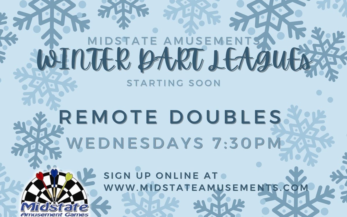 MdstateAmusemnt's tweet image. Winter Dart Leagues starting soon! This Remote Wednesday winter 2 person dart league will play at 7:30pm. Sign up online at buff.ly/3PYSQuD

#darts #winterleagues #dartleagues #remote