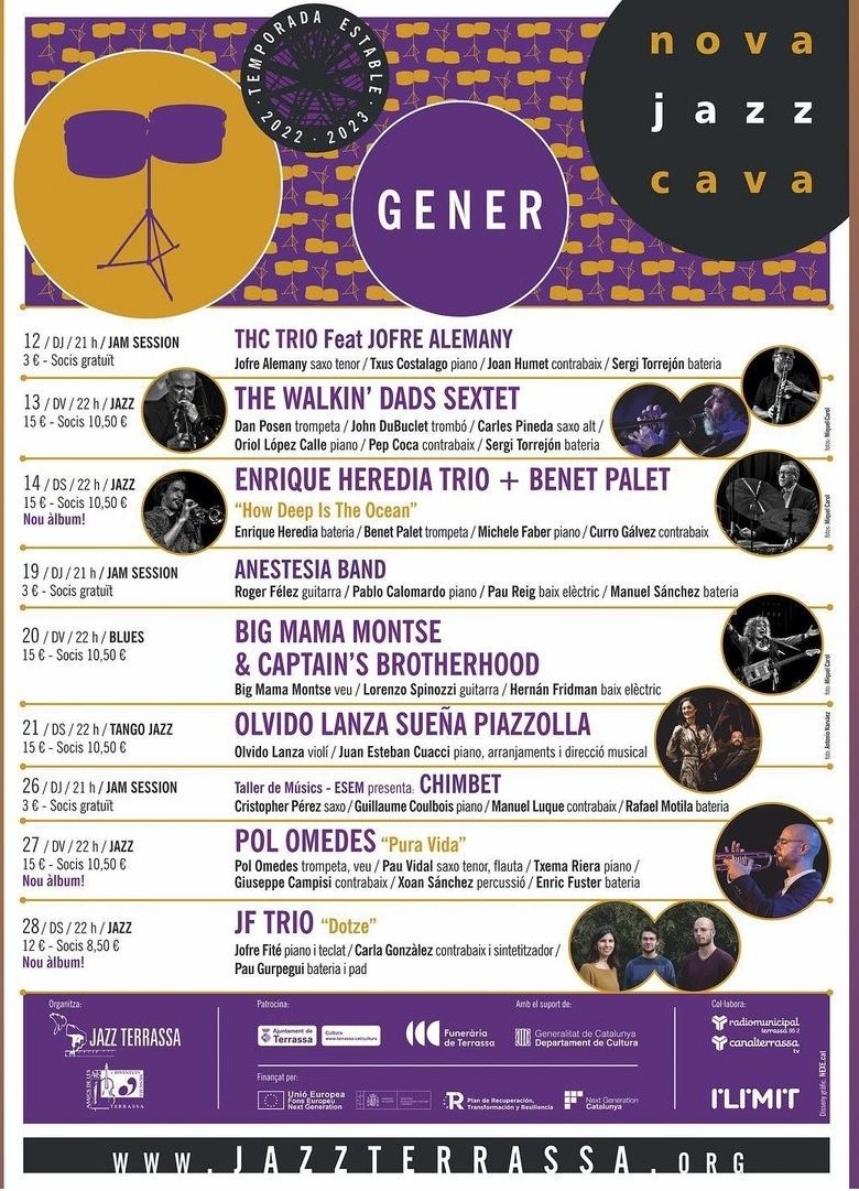 Comencem l'any amb ganes! El dia 20 gener serem a la Nova Jazz Cava de Terrassa commemorant els meus 35 Anys de trepitjar escenaris! Amb l'Hernàn Fridman (baix) i en Lorenzo Spinozzi (guitarra). Info i entrades:
jazzterrassa.org/ca/node/44686