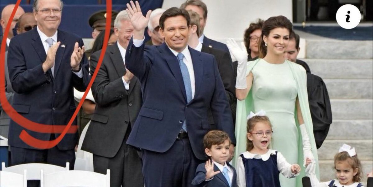 LauraLoomer's tweet photo. Today Governor Ron DeSantis was inaugurated for his “second term” that we all know he won’t complete because he’s running against Trump in 2024.
He invited Jeb Bush to be front and center at the inauguration. He was one of DeSantis’s guests of honor.
Speaks volumes! #TraitorRon https://t.co/ZDk53NQn1N