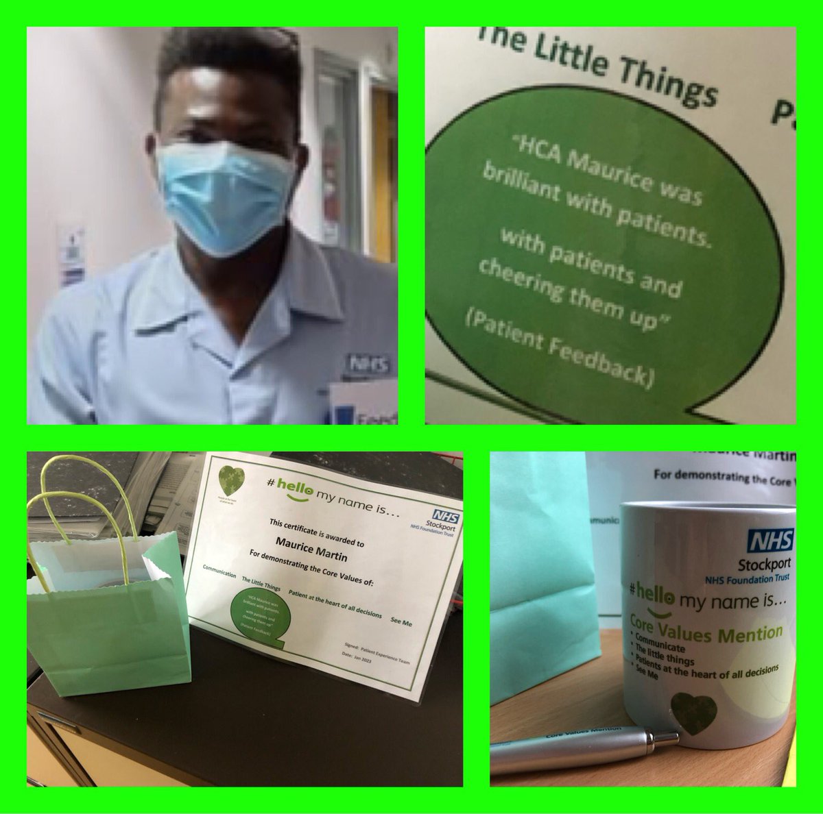 hood_mamoona's tweet photo. Today Maurice @StockportNHS (M4) was presented with a certificate &amp; gift for #hellomynameis core values recognition 👏👏@StockportPtExp @helshow1 @NicolaFirth6 @warnetony @AoifeIsherwood @SueACarroll @kerryby76415778 @WardM4SHH @AndrewLoughney @BunnageJane @Shazhaley 👏👏👏 https://t.co/SrXe3enV9F