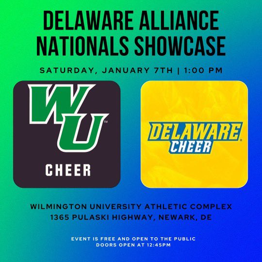 UDBlueHenCheer's tweet photo. Can’t wait to perform alongside @WilmUCheer at the Complex this Saturday for a Delaware Alliance Nationals Showcase!! Come show your support for both cheer programs before we head to Orlando, FL next week. #rise #agnb #bluehens

⏰ Doors open for spectators at 12:45pm https://t.co/byCBDDYlLK