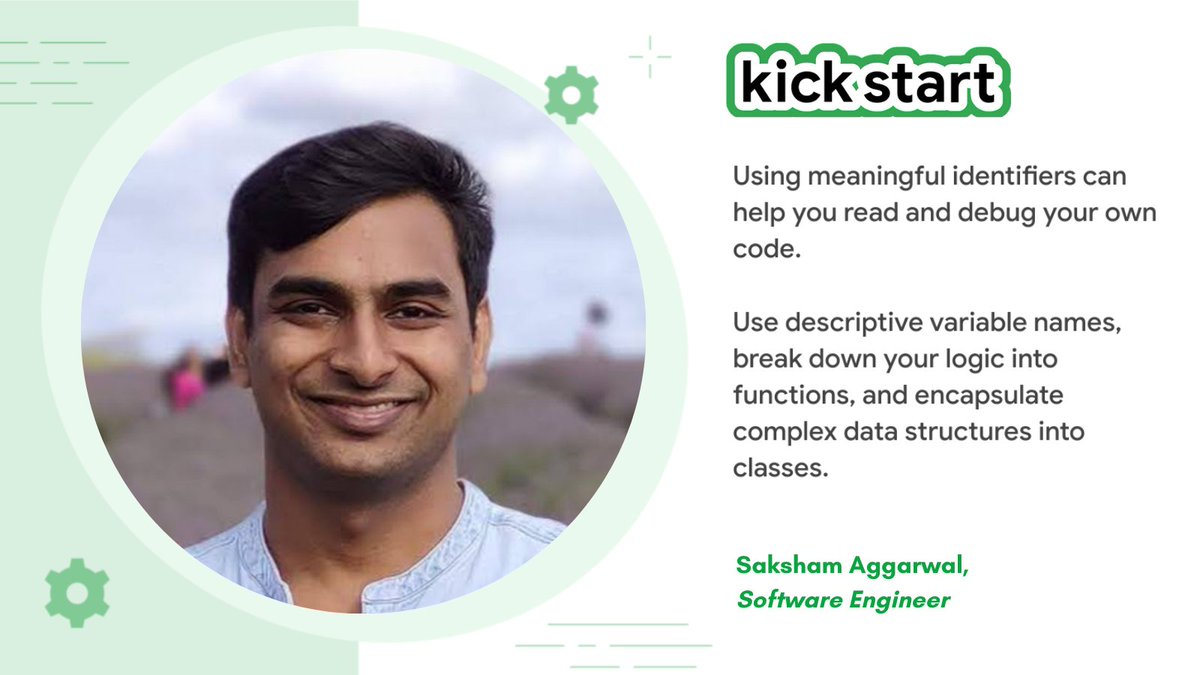 🥳 New year, new #KickStartTipTuesday! 

👓 Software engineer Saksham lays out how to make your code easily readable for debugging.

Registration for Kick Start opens Feb. 1, meaning it's the perfect time to use these tips on our problem archive → goo.gle/3VeeegB