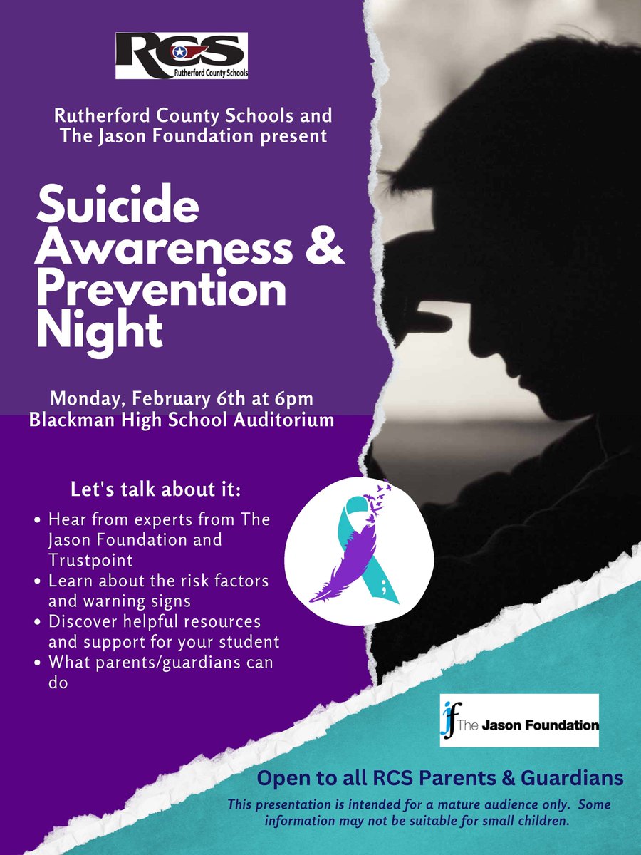 rucoschools's tweet photo. Blackman High School will host a suicide awareness and prevention night in their high school auditorium on Monday, February 6th.

Participants will learn about risk factors,warning signs, and what parents and guardians can do. The night is open to RCS parents and guardians. https://t.co/RWey7Sw3yK