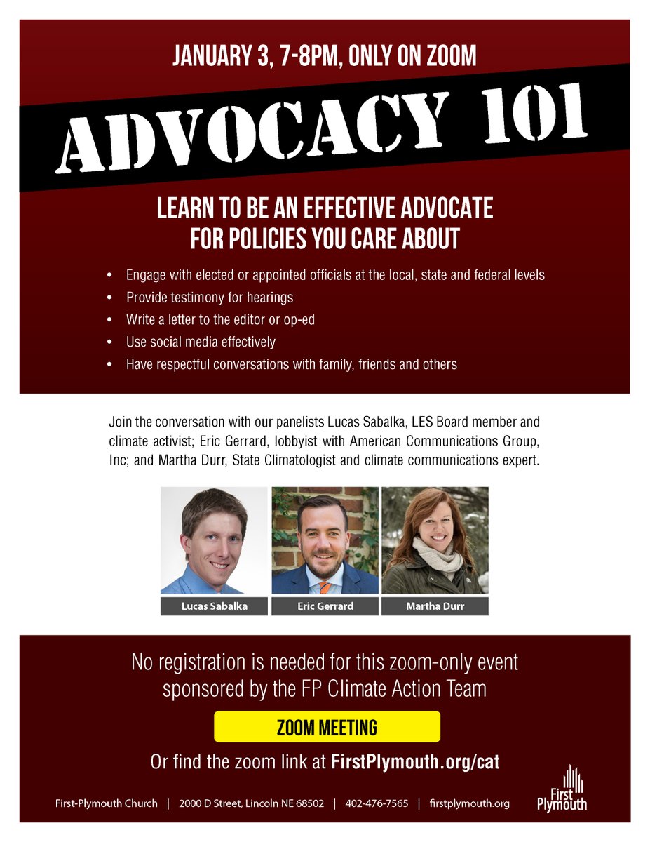 Tonight at 7pmCT via Zoom, join <a href="/First_Plymouth/">First-PlymouthChurch</a> Climate Action Team for Advocacy 101 to learn to be an effective advocate for policies you care about. Learn more and join in at firstplymouth.org/cat.