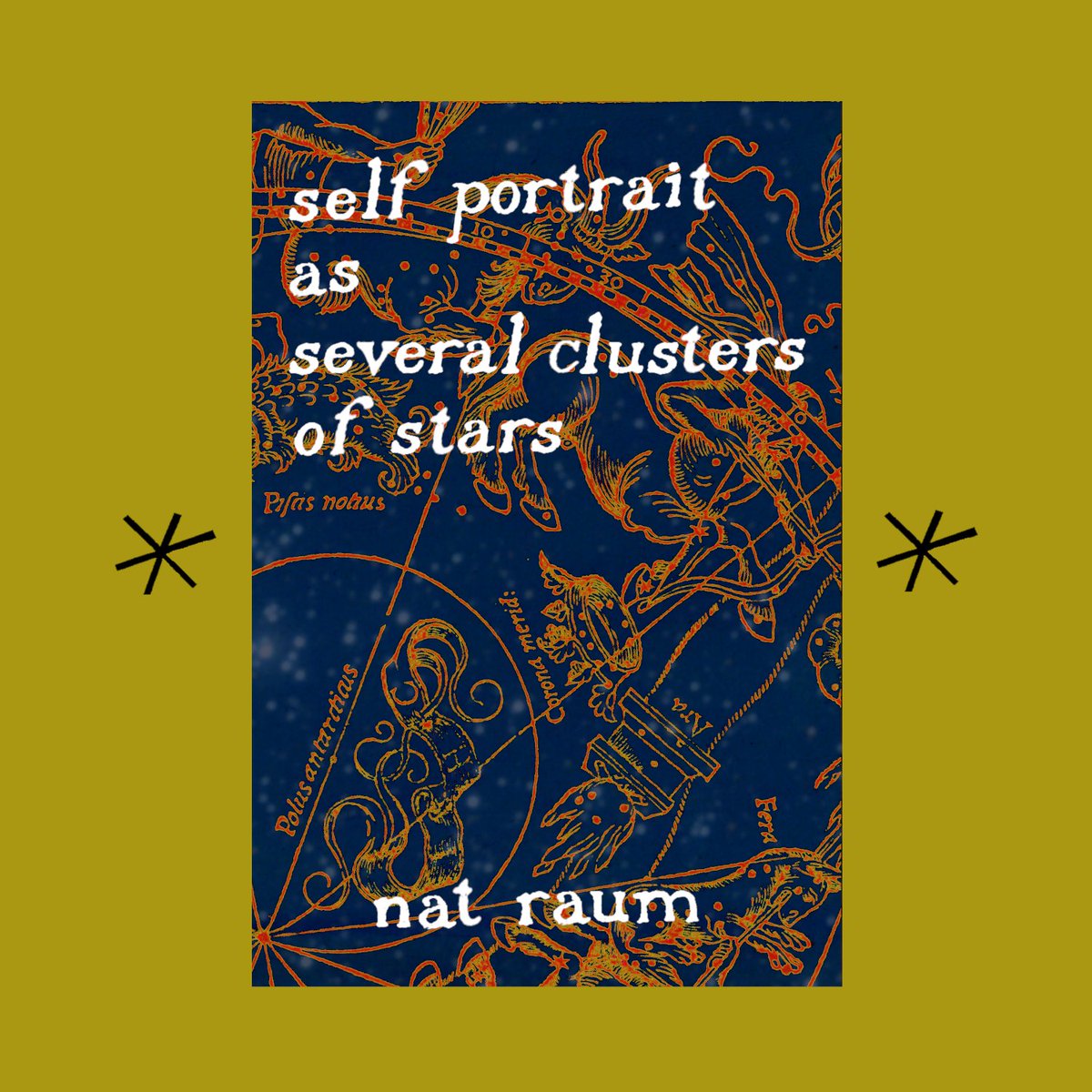 A deep gold slide with the cover of 'self portrait as several clusters of stars' by nat raum in the center, set on either side by two black asterisks.