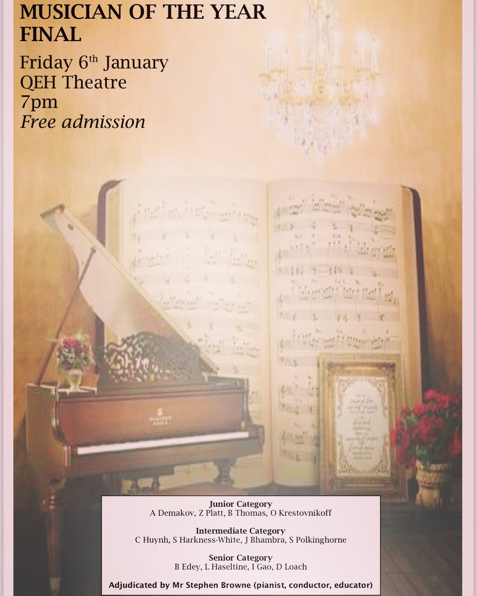 Straight back into things this term with the Musician of the Year 2023 Final!

Come and watch the greatest musicians at QEH performing solo. 
What better way to star my the New Year!