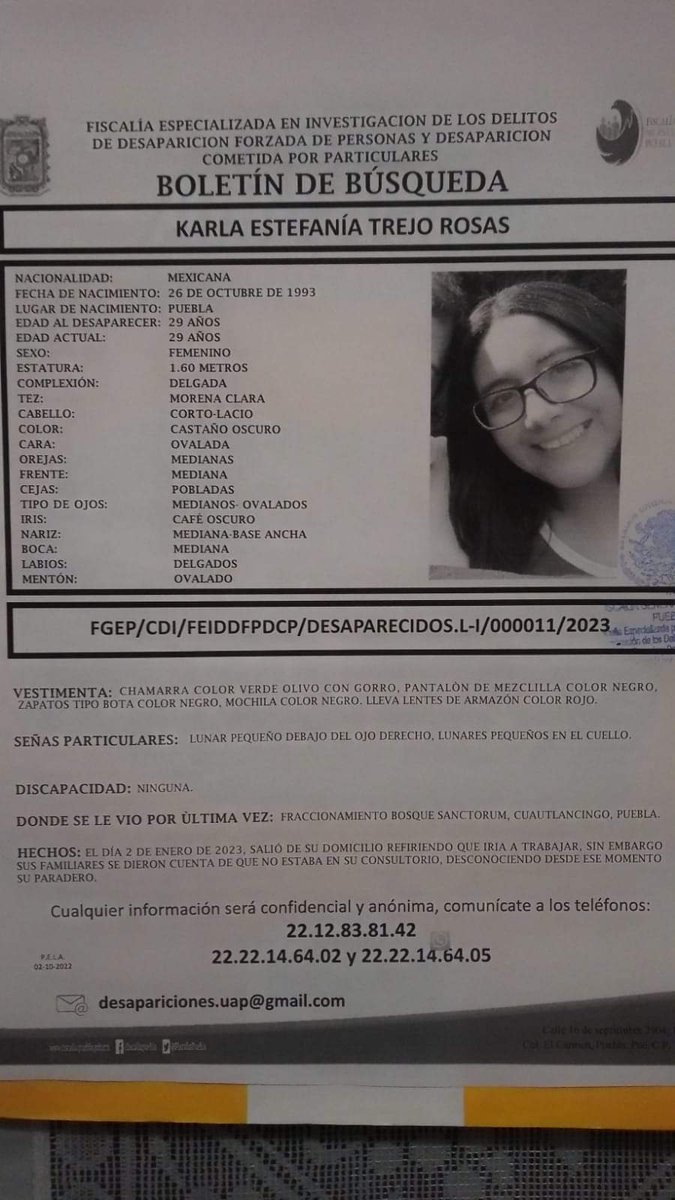 JCarlos_Valerio's tweet photo. #ServicioSocial || Ayuda para localizar a Karla Estefania Trejo Rosas de 29 años. Fue vista por última vez en Cuautlancingo. #Puebla https://t.co/6i1L44iO2x