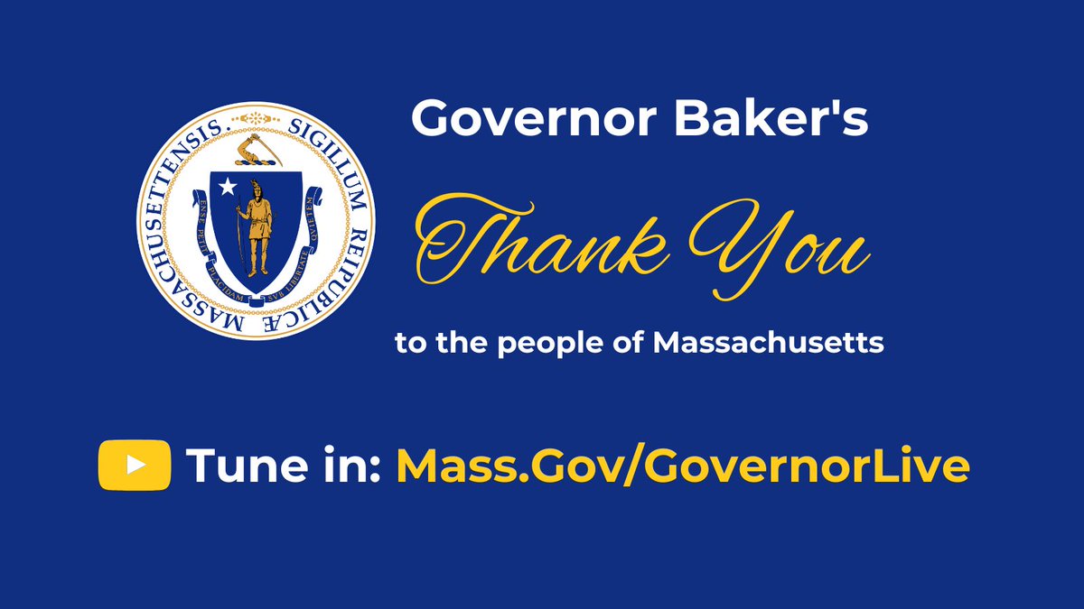 In a few moments, I will share some thoughts thanking the people of Massachusetts for the last eight years.

Tune in: mass.gov/governorlive