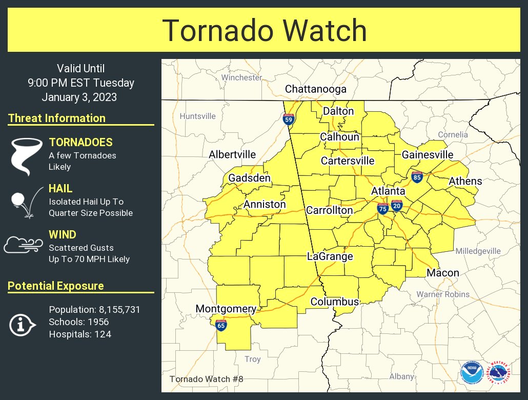 NWSAtlanta's tweet photo. A tornado watch has been issued for parts of Alabama and Georgia until 9 PM EST https://t.co/KzriKKa6ZG