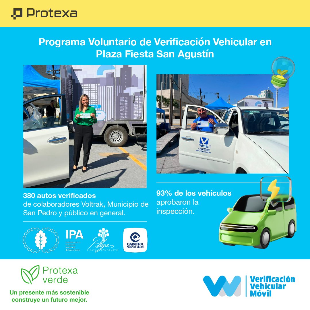 protexa's tweet photo. Reforzamos nuestro compromiso con el medioambiente

Para cerrar 2022, finalizamos con éxito nuestra 2da. jornada de Verificación Vehicular Voluntaria junto con @caintra_nl. En @PlazaFiestaMx se verificaron unidades de colaboradores de #Voltrak, @SanPedroNL y público en general. https://t.co/TcMFdhNqI4