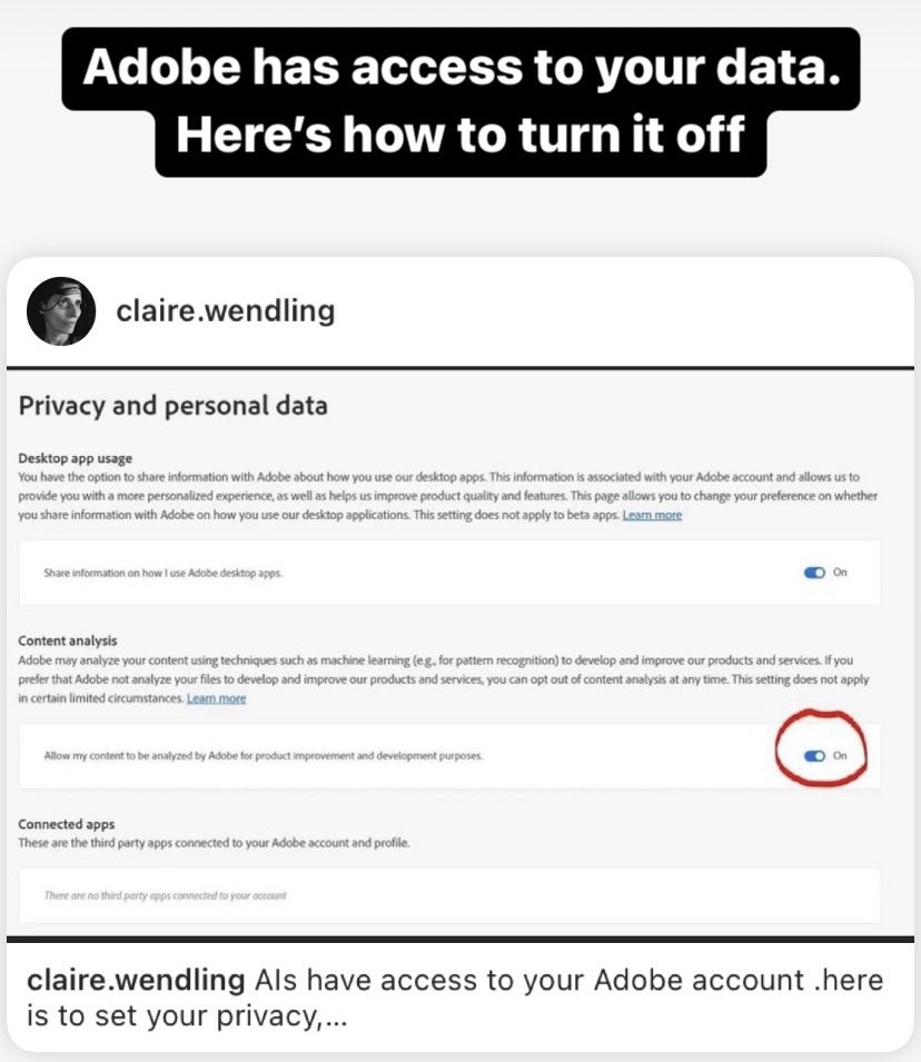Watch out for Adobe automatically Opting you In for “Machine learning” aka Ai. Also, tech companies that glorify “Opting out” options are using this to shift responsibility of Data mining onto US. Sneaky. Meanwhile Ai never forgets. It’s theatre. #adobe #OptOut