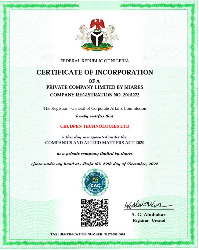 crudpen's tweet photo. A great step in starting the new year.🔥
We're now completely registered and operates as a legal business organisation in Nigeria.

You're sure of an excellent service that is legally binding when you deal with us.

We remain reliable and secured in handling your digital needs https://t.co/ddHNdR7IOj