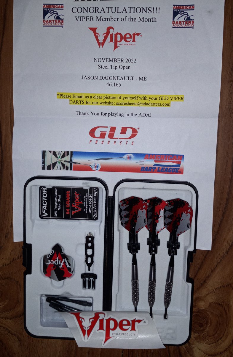 AmericanDarters's tweet image. ADA Member, Jason Daigneault of Maine - November MOTM Open Steel Tip
&quot;I recently started playing in the American Dart League...what a great experience! Ready to see what 2023 has in store!&quot;

#adafamily #viper #gldproducts