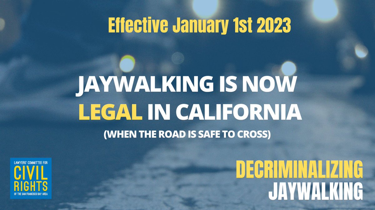 lccrsf's tweet photo. Reminder that jaywalking is now legal in California.
#AB2147 prohibits police from writing jaywalking tickets, unless people are caught trying to cross the street in clearly dangerous traffic conditions.
Read more about the new law here: https://t.co/qdZmP52Nxy https://t.co/k5F6dFUt9n