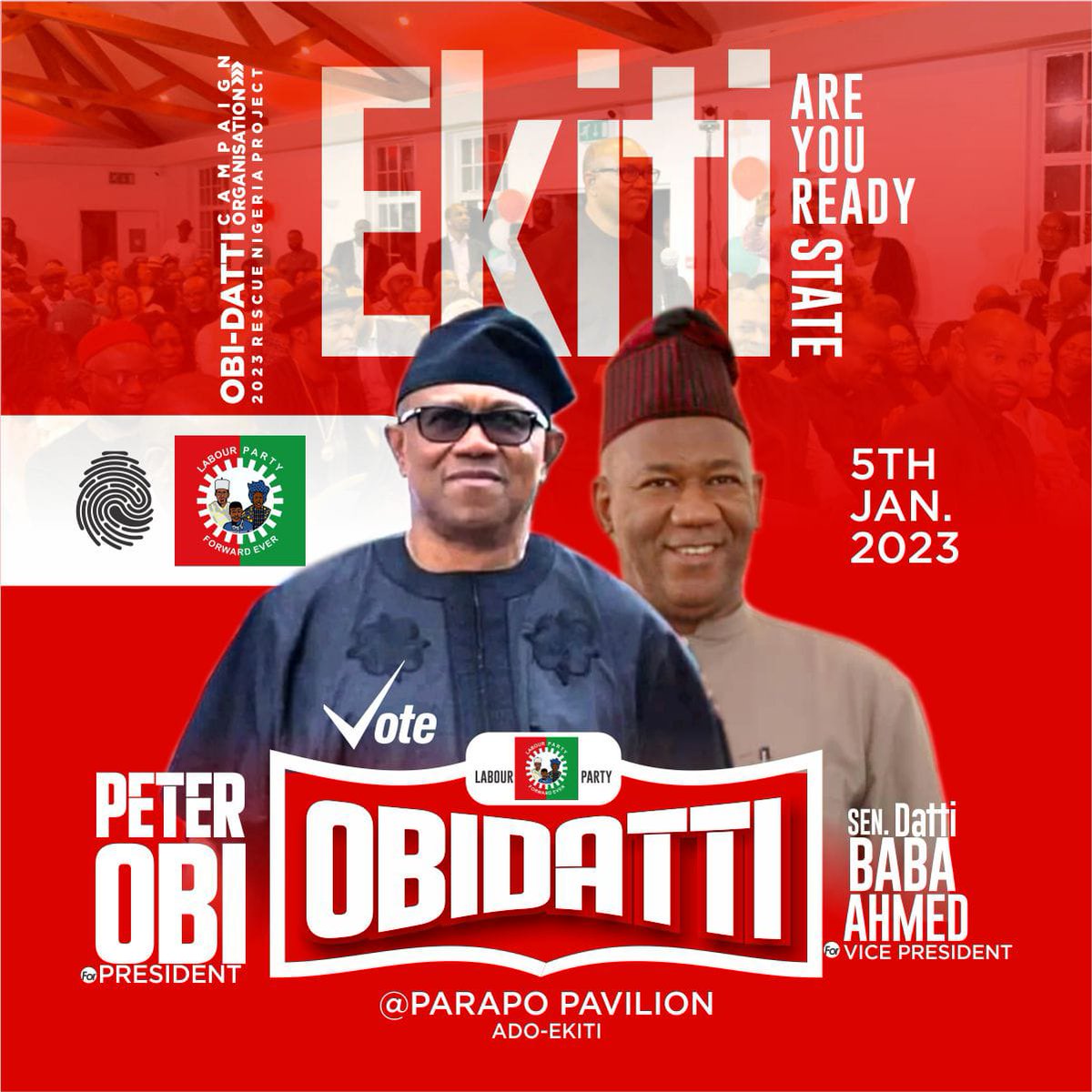 NgLabour's tweet photo. Ekiti State are you ready?
Obi-Datti Presidential Campaign Train moves  to Ekiti State.
Date:  Thursday 5th January, 2023.
Time: 9am
Venue: Parapo Pavilion Ado-Ekiti

We keep moving Obidently &amp; Yusfuly! 

A New Nigeria Is Possible!
#VoteLabourParty https://t.co/ViR4SjhAQR