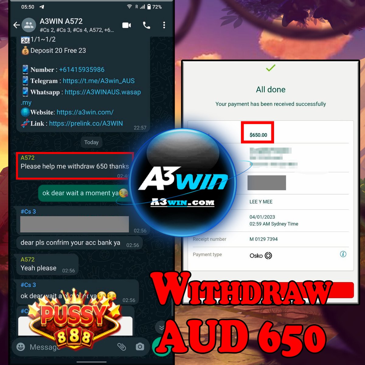 A3winA's tweet photo. 🎰Game : PUSSY888
🎮Game Tips : Aztec
💲Deposit : AUD 150
🏧Withdraw：AUD 650 

🧬 𝗟𝗜𝗡𝗞👉🏻 https://t.co/8mHEUqhblV

#A3win #Australia #casino #slotgame #Pokies #FreeCredit #FreeGame #jackpotshipping #BestCompany https://t.co/HoGpEi9NBn
