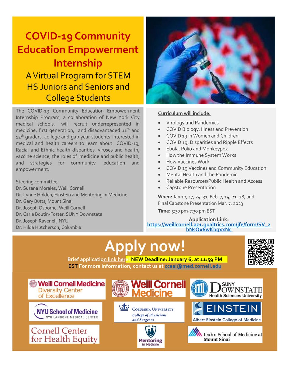 Please RT--deadline  1/6 - register for the COVID 19 Comty Education &amp; Empowerment Internship-virtual program for HS /coll/postcoll students! Join our family!