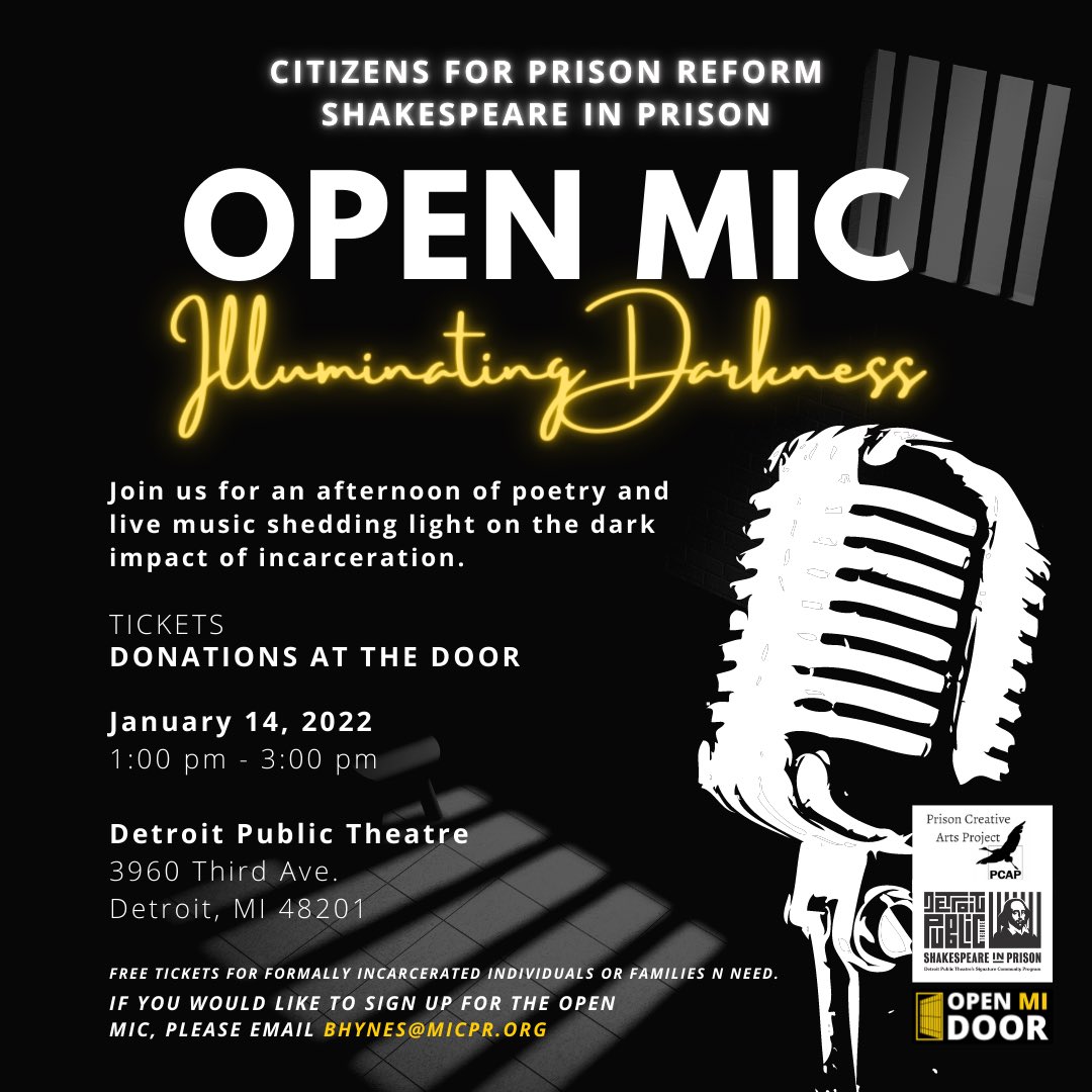 OpenMIDoor's tweet photo. Join us for an afternoon of poetry and live music shedding light on the dark impact of incarceration at the @DetPubTheatre on Jan 14th! @ShakesinPrison @umichPCAP 

#IlluminatingDarkness #Poetry #Music #Art #OpenMic #OpenMIDoor #ShakespeareInPrison #PCAP https://t.co/OHlbXe4e7q
