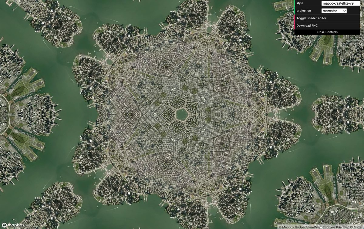 Manhattan with radial symmetry! Check out this mappy kaleidoscope hack:   rreusser.github.io/maps/shadermap…  #builtwithmapbox