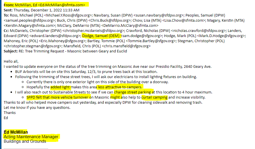 hdizz___'s tweet photo. BREAKING: public records show the city of San Francisco (SFMTA and DPW) set parking rules and public infrastructure choices based on SFPD requests to keep homeless people from being able to rest in public spaces rather than what benefits residents. https://t.co/SiI4yh0NkM
