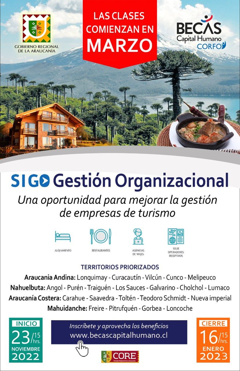 MurilloPartners's tweet photo. Participa del programa SIGO Gestión Organizacional 👩 💻 Inscribete hasta las 15:00 horas del 16 de enero. Comienzo de clases en Marzo. Te esperamos !!! 🙌

#gestiondeempresas #gestionorganizacional #murilloypartners #corfo #araucanía #turismoaraucania #pymechilena #turismochile https://t.co/mKqIO5gB2P