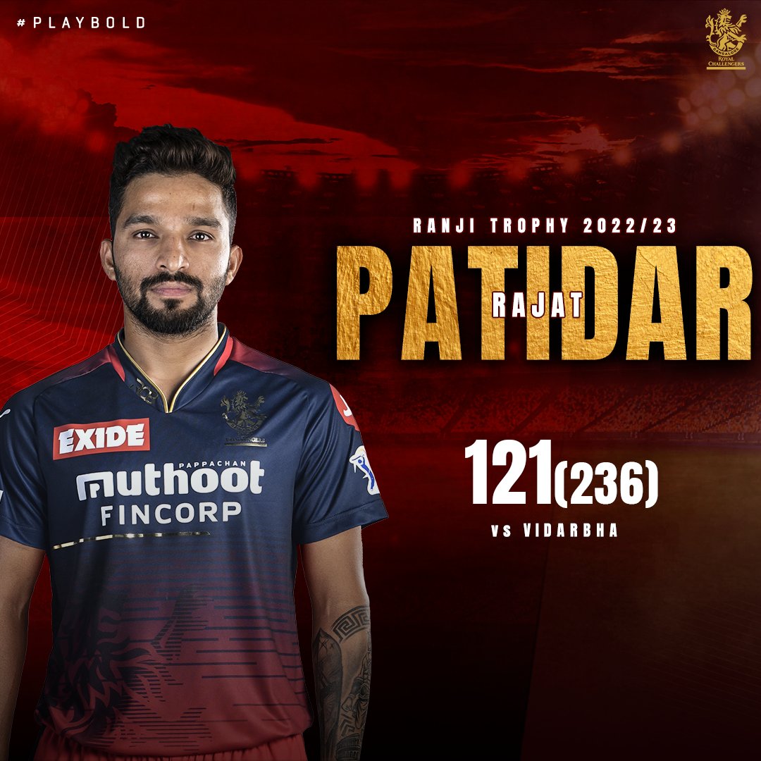 And the first century for a Royal Challenger in 2023 comes off of Rajat Patidar’s willow. 🙌 His 1️⃣1️⃣th century in First-class Cricket. 🔥 #PlayBold #WeAreChallengers #RanjiTrophy @rrjjt_01