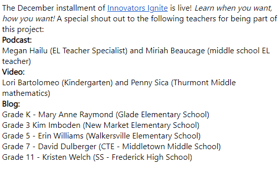 mrdulberger's tweet photo. What an honor to be featured in December's Innovators Ignite blog! I was eager to share some of my successful strategies for managing a station rotation model in a middle school Tech Ed classroom. https://t.co/cehPZObrXI #BlendedLearning @Catlin_Tucker #FCPSVanguard #MiMSCTE https://t.co/3PNqwoKXqB