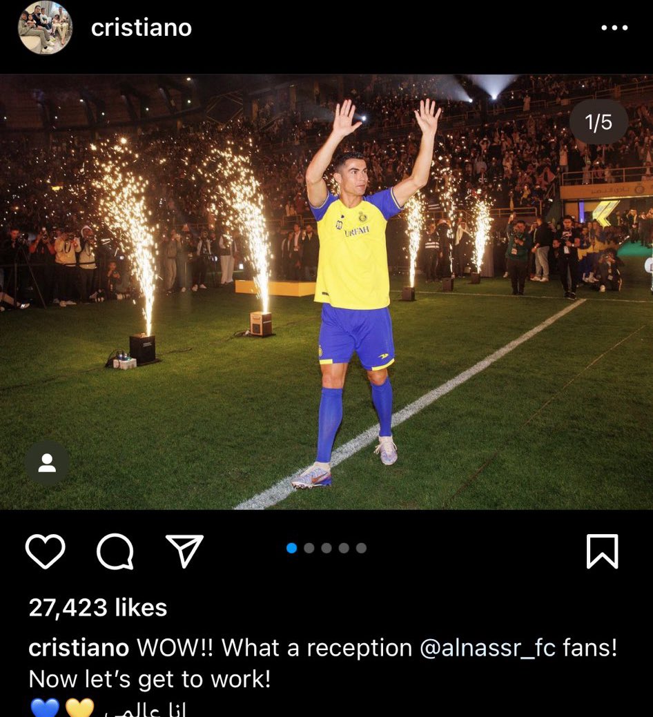 🚨🚨🚨— كريستيانو رونالدو IG : 

واو! ياله من استقبال من جماهير #النصر، الآن هيا بنا لنعمل. 
أنا عالمي 💛💙