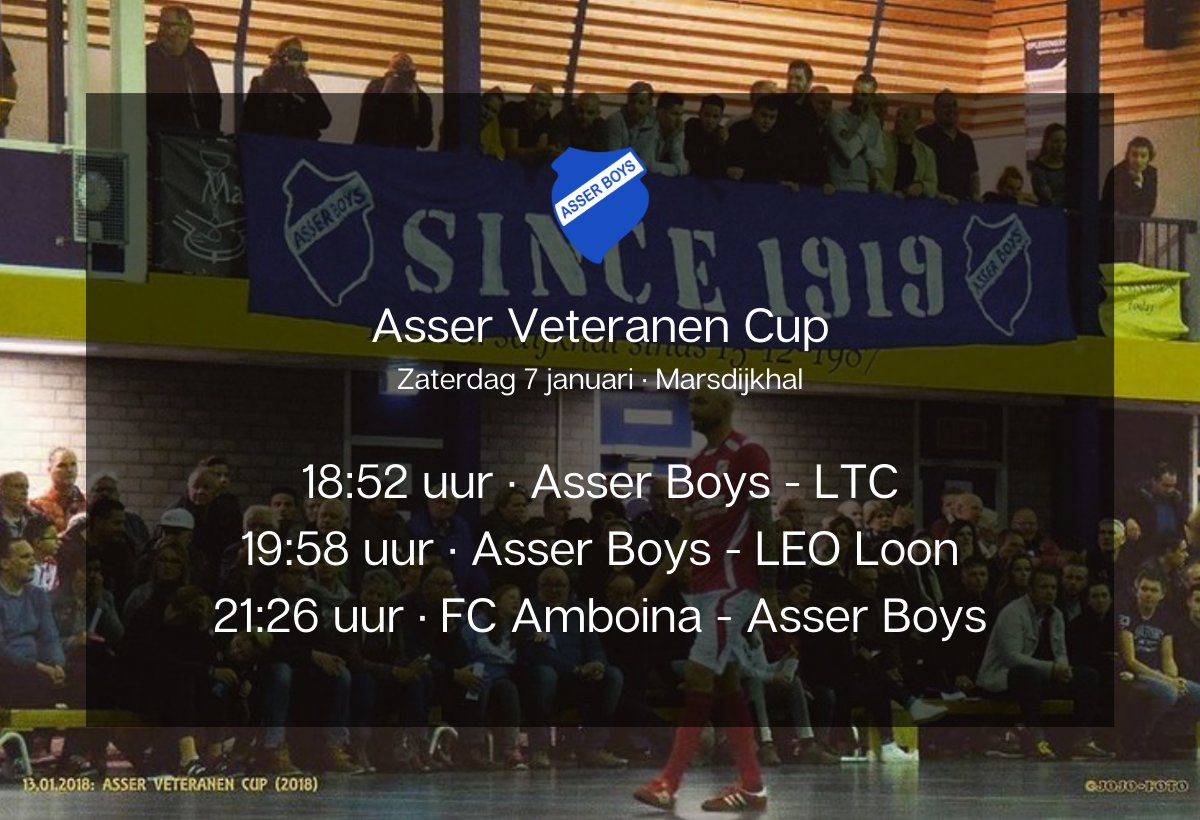 Na twee jaar ‘coronastilte’ betreden de Asser veteranen eindelijk weer de arena voor de felbegeerde Asser Veteranen Cup 🏆. De eerste speelronde is aanstaande zaterdag. 

De mannen kunnen alle steun gebruiken bij hun jacht op de beker! Ben jij erbij? 💙