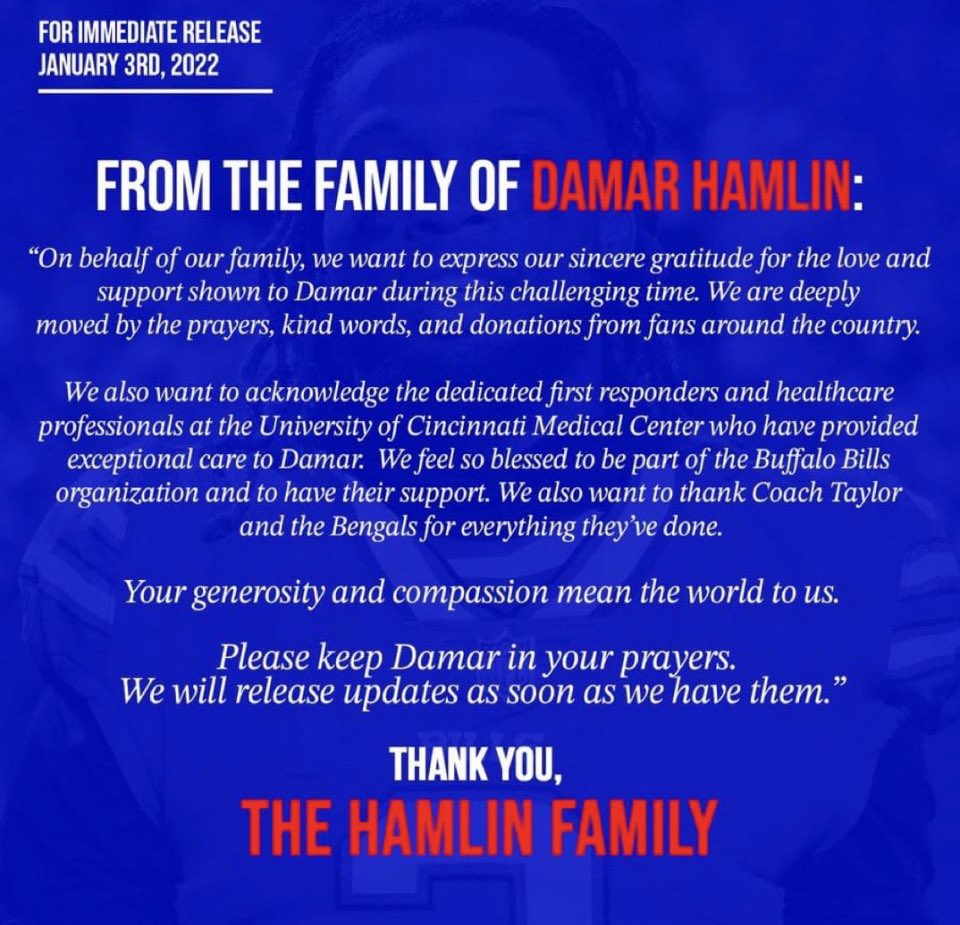 abc7curt's tweet photo. Update:
  The Damar Hamlin family has released this statement as the Bills DB is still in critical condition. The NFL Announced the game will not be played this week. They haven’t decided if it will be made up.
  #abc7eyewitness #NFL #BillsMafia https://t.co/NVdY7stbfo