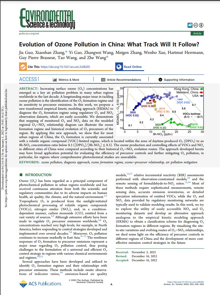 Paper out, great work of Jia Guo, Xiaoshan Zhang &amp; colleagues of Beijing CAS RCEES &amp; CAS, Zhe Wang of Hongkong UST, Tao Wang of HK PolyU and Guy Brasseur of NCAR &amp; MPIM
Ozone coming back up in many areas of the world - where might it go in China ?    
pubs.acs.org/doi/10.1021/ac…