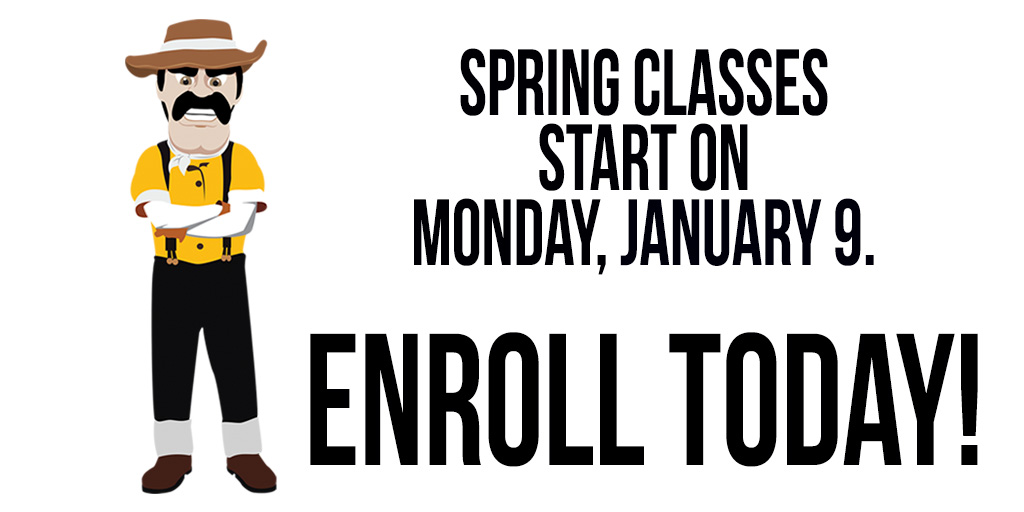CUAggies's tweet photo. Spring classes start on MONDAY, JANUARY 9. There's still time to enroll for the spring semester!  Current students: contact your advisor! New students: apply for admission at https://t.co/1ZzKyO3N60. #CUAggies #CameronUniversity #CUAdmissions https://t.co/X4Rd7iVU8g