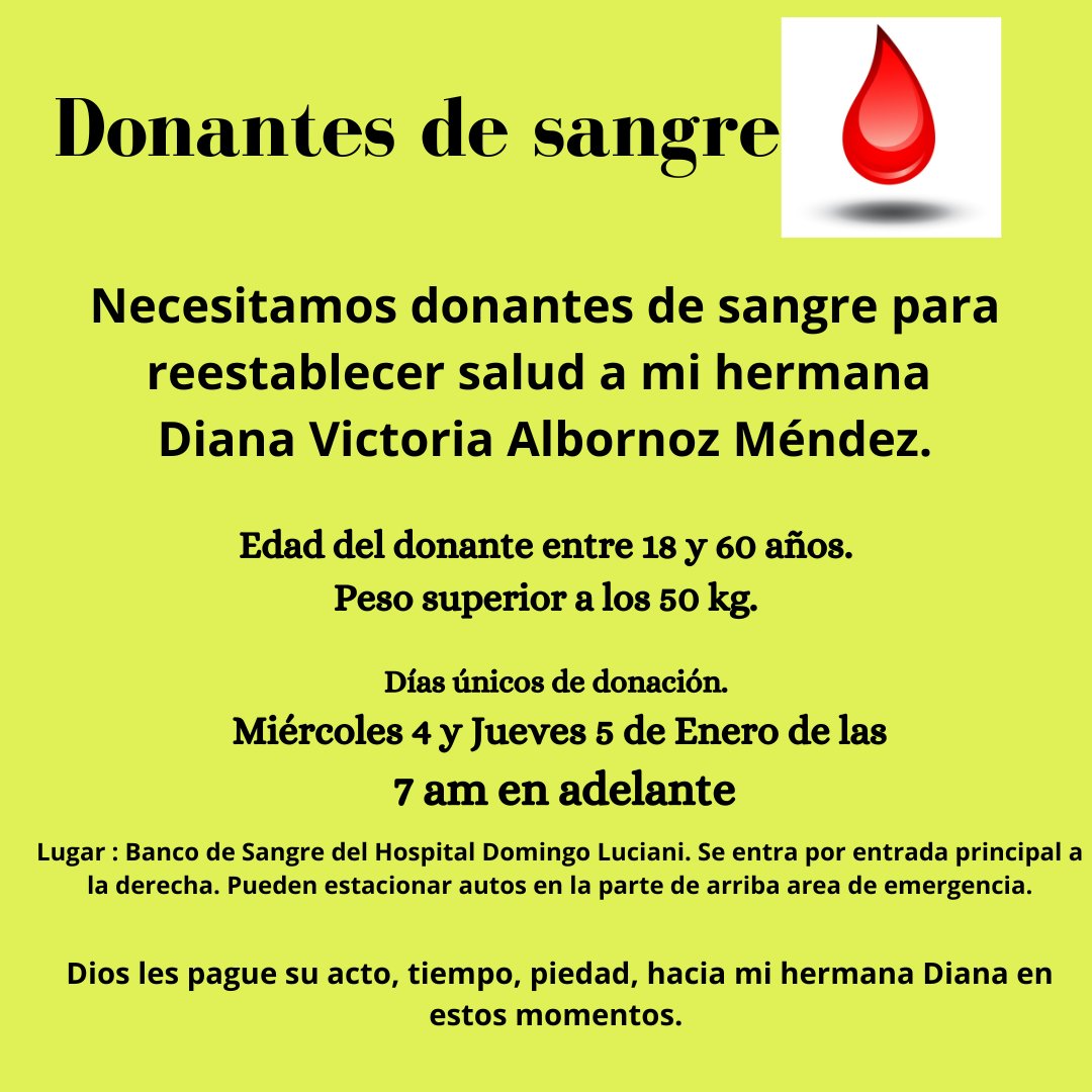 AlbornozRos's tweet image. Mi hermana atraviesa un momento difícil de salud muchas gracias por tu gentil retweet necesitamos donantes de sangre
@LuisCarlos @LuisOlavarrieta @LessiMarcano @RCR750 @MIZAUCV