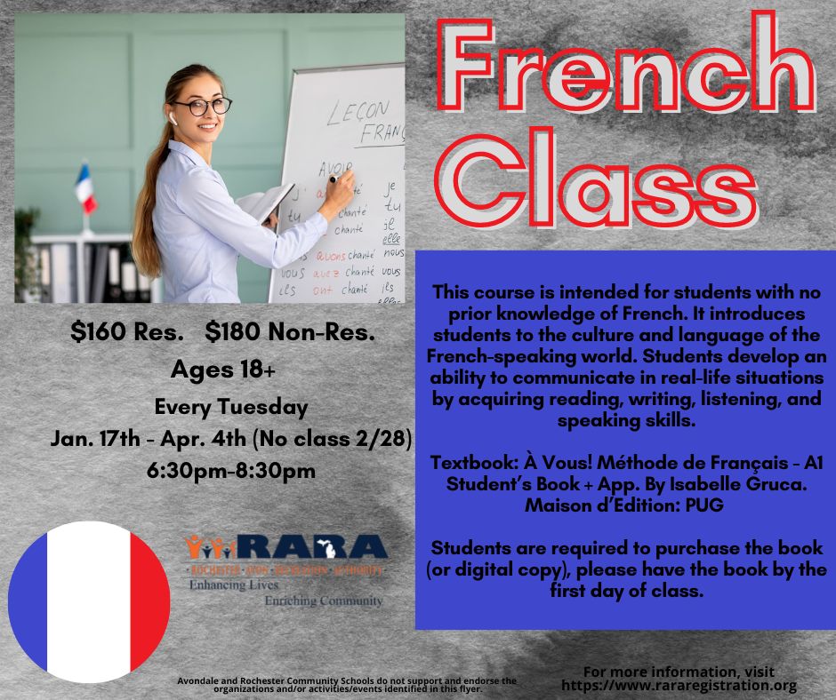 Bonjour! Get signed up for an amazing French Class. This is the perfect chance to step outside of your comfort zone and learn a new language! Sign up now rararegistration.org/ViewCourseActi…